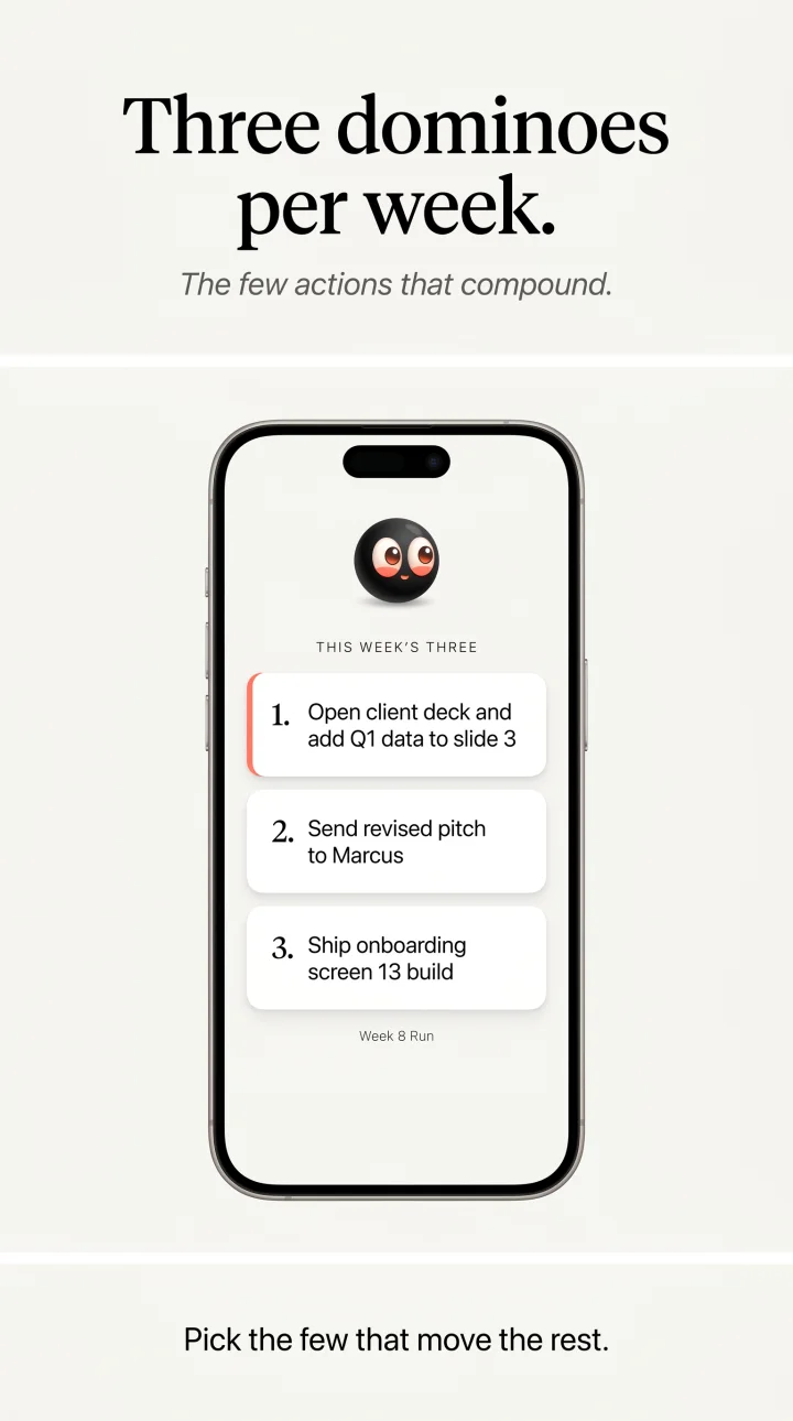 Ocho app mockup showing three weekly dominoes selected for the week.